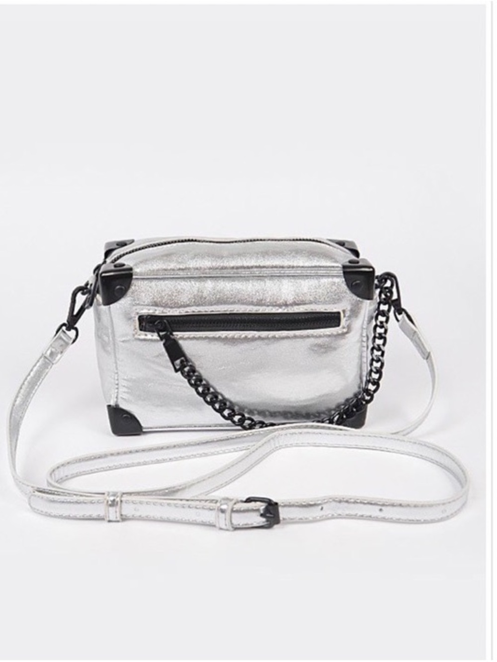 Silver Metallic Crossbody Camera Bag with Chain Detail